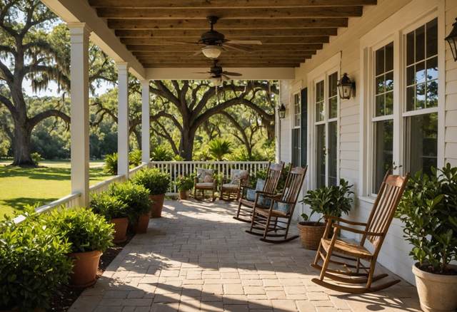 A limestone cottage porch with rocking chairs under live oak trees