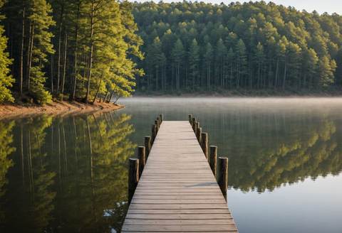 A calm lake with a wooden dock in a pine forest at sunrise