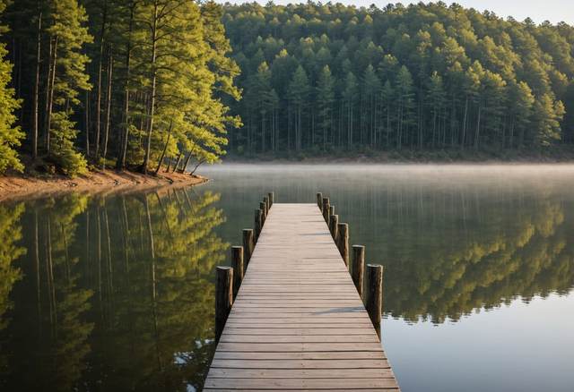 A calm lake with a wooden dock in a pine forest at sunrise
