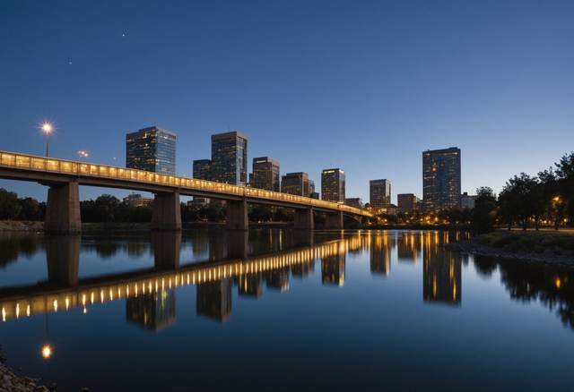 A city skyline and a lit bridge reflected in a river at dusk