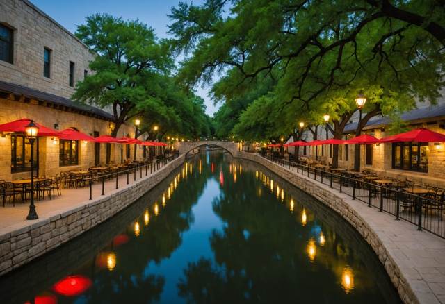 A narrow green river between limestone walls with an arched footbridge, cypress trees and red cafe umbrellas at dusk
