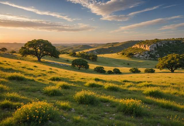 Rolling hills with live oaks and wildflowers at golden hour